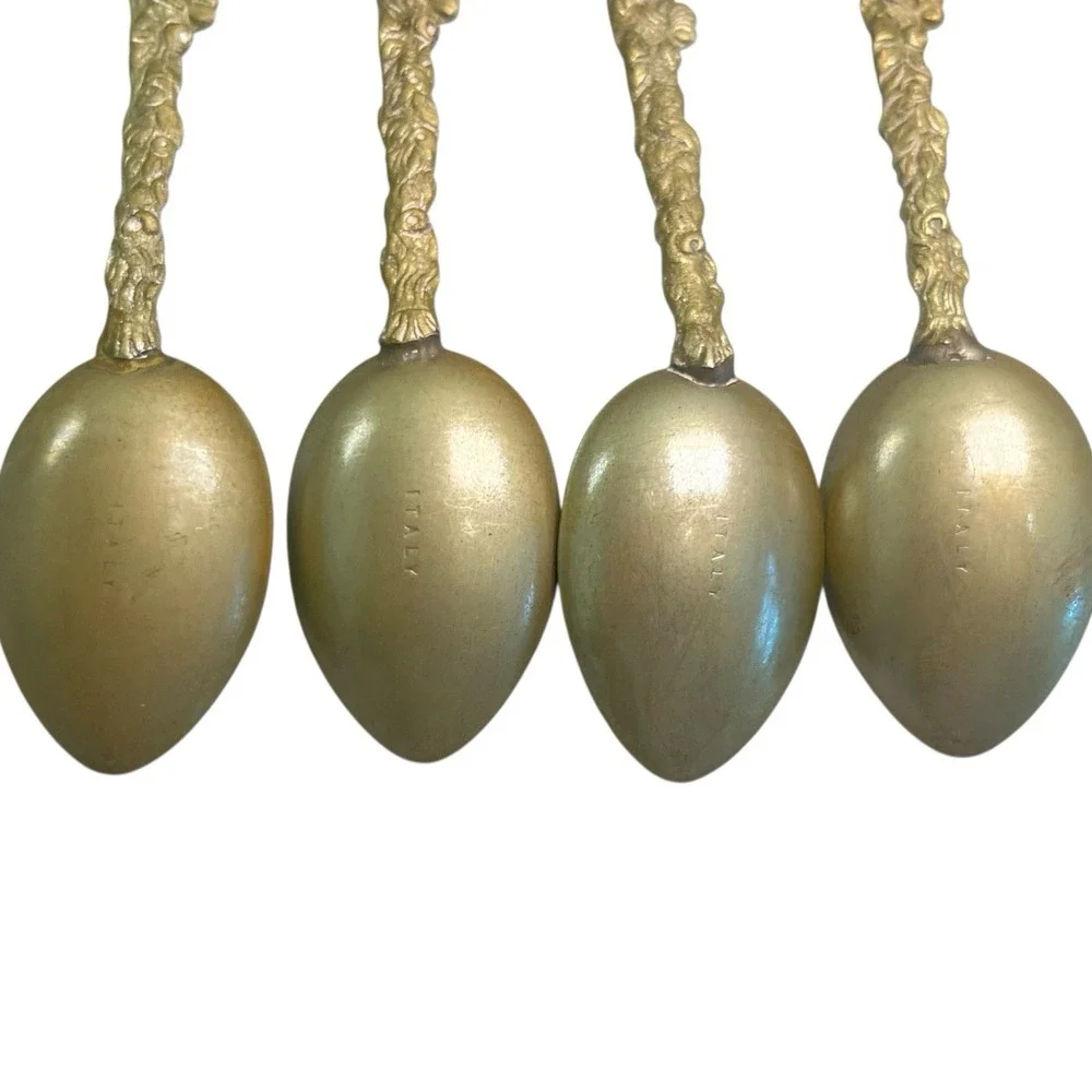 Vintage Set of 9 Brass Souvenir Demitasse Ornate Spoons Montagnani Made In Italy